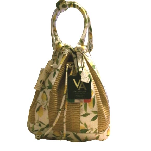 NEW Valentina Italia Lemon Print & Woven Panel Bucket Bag With Drawstring Closur - Picture 3 of 16